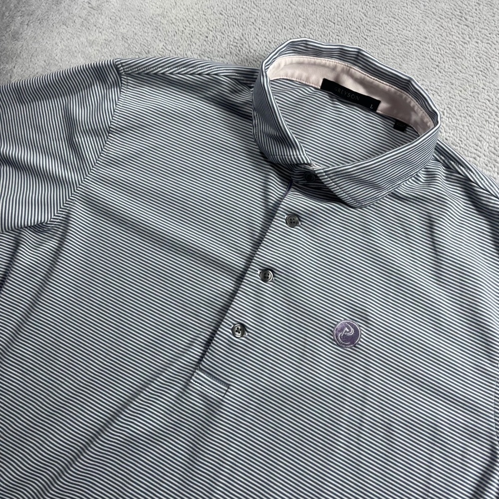 Greyson Mens Golf Polo Shirt Blue White Micro Stripe Short Sleeve Size L